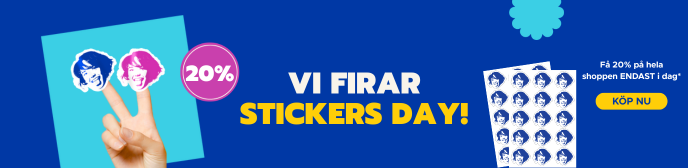 En banner med texten: Vi firar Stickers Day. Få 20% på hela shoppen – endast i dag. Köp nu.