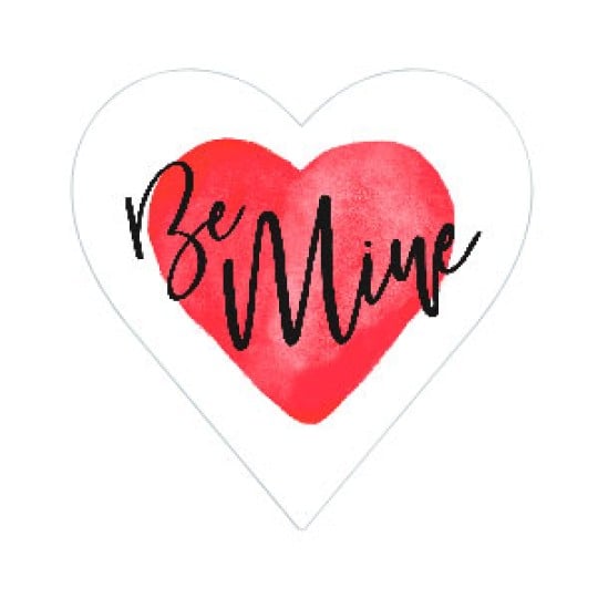 Hjärformat etikett med vit bakgrund, ett rött akvarellhjärta och elegant svart text med "Be Mine"