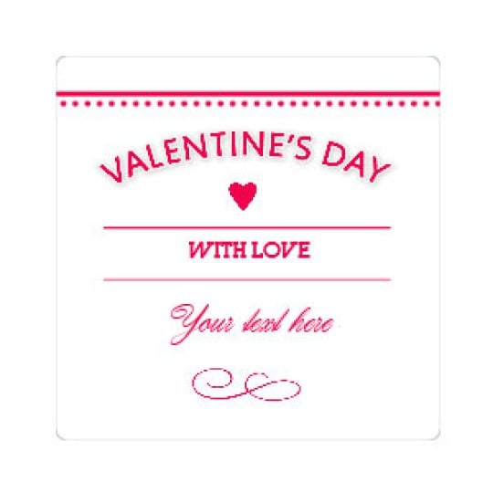Ett enkelt och elegant Valentinskort med röd text på vit bakgrund. "VALENTINE'S DAY" står högst upp med ett hjärta, följt av "WITH LOVE" och plats för ett personligt meddelande.