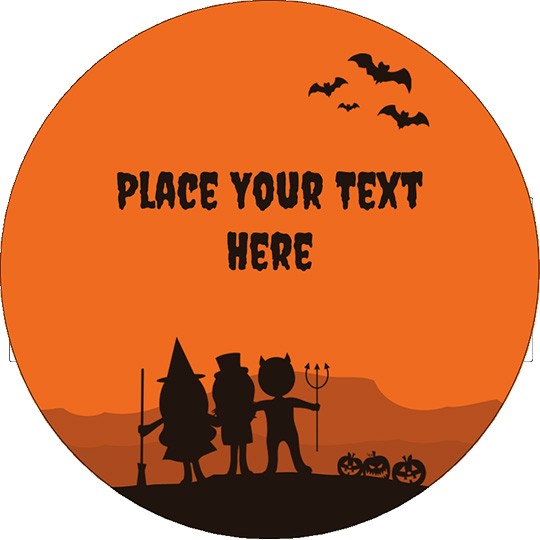 LĂ€nk till Avery Design & Print â rund orange etikett med fladdermöss, barn stĂ„ende pĂ„ en kulle i svart och i mitten texten "Place your text here"