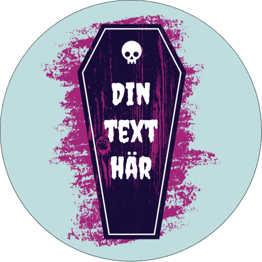 LĂ€nk till Avery Design & Print â rund blĂ„ etikett med en lila kista och texten "Din text hĂ€r" inne i kistan