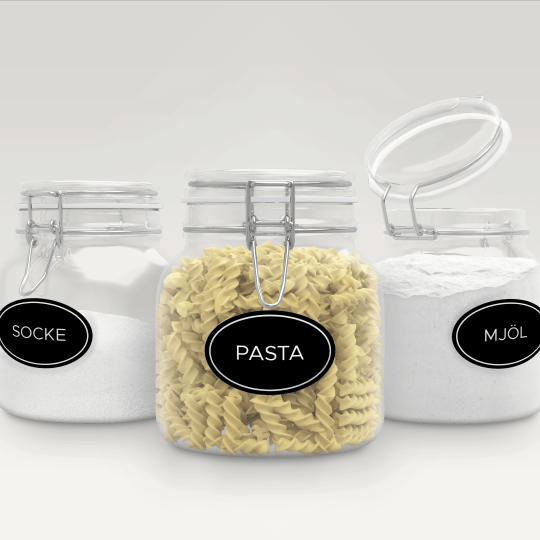 Länk till Averys program Design & Print – hitta gratis design för etiketter till köksorganisering (socker, pasta, mjöl)