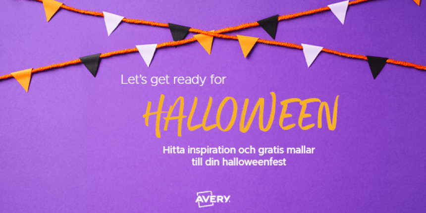 Halloween-banner 2024 med vimplar och texten: Hitta inspiration och gratis mallar till din halloweenfest.