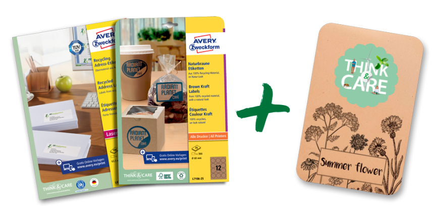 Illustration som visar två färdigpaket i återvunnet papper och ett brunt kuvert med sommarfrön i.