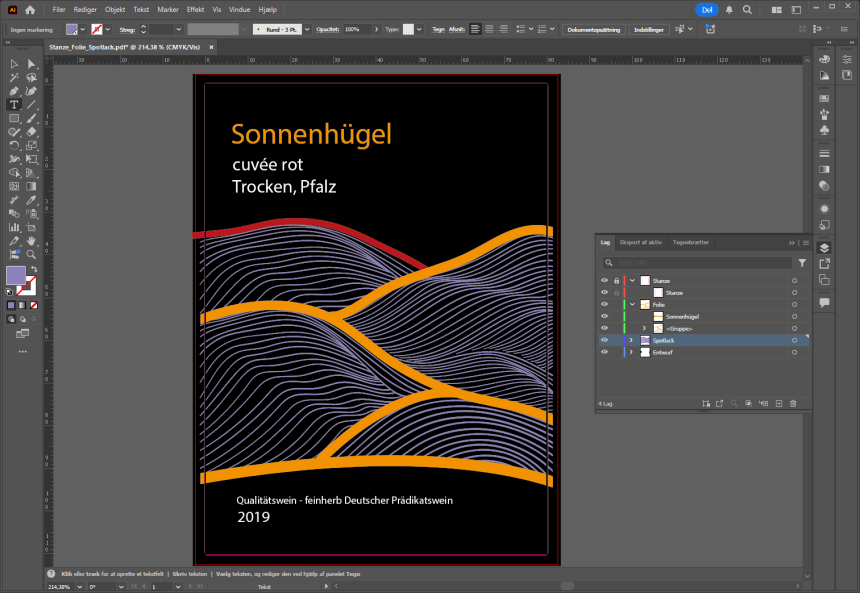 Bilden visar etikett­designen i Adobe Illustrator med lager­verktyget öppet.