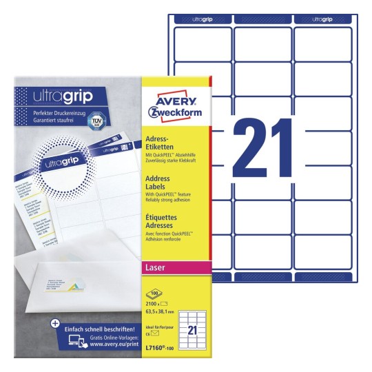 Etiketter med QuickPEEL™ och Ultragrip L7160-100 Innehåll: 2.100 Etiketter / 100 Ark