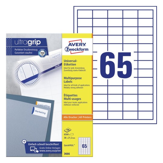 Universaletiketter med QuickPEEL™ och Ultragrip 3666 Innehåll: 6.500 Etiketter / 100 Ark