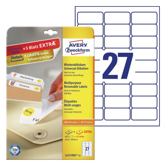 Avtagbara universaletiketter L4737REV-25 Innehåll: 810 Etiketter / 30 Ark