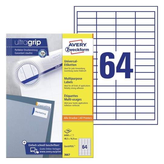 Universaletiketter med QuickPEEL™ och Ultragrip 3667 Innehåll: 6.400 Etiketter / 100 Ark