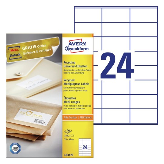 Universaletiketter av 100 % återvunnet papper LR3475 Innehåll: 2.400 Etiketter / 100 Ark