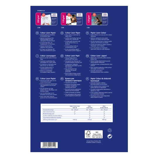 Bilden visar produktinformation för Colour Laser Paper på flera språk, med specifikationer, rekommendationer för utskrift, och kundtjänstsupport för olika papperstyper.