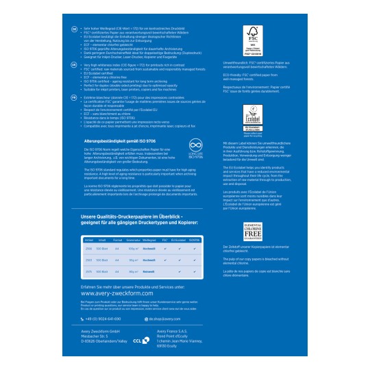 Bilden innehåller information om högkvalitativa utskriftspapper, inklusive certifieringar som FSC och EU Ecolabel. Den diskuterar papprets egenskaper som ljusstyrka, åldringsbeständighet och lämplighet för olika trycktyper, tillsammans med en lista över specifika papper och deras egenskaper.