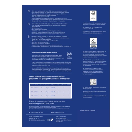 Bilden är en detaljerad översikt över kvalitetsprinterpapper från Avery Zweckform. Den inkluderar information om certifieringar som FSC och EU Ecolabel, pappersegenskaper och åldersbeständighet enligt ISO 9706. Det finns också detaljer om olika papperstyper, deras format, vikter och rekommenderade användningar för olika tryckmetoder.