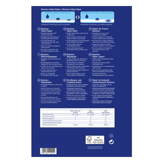 Bilden är ett produktinformationsblad för Business Inkjet Paper som beskriver specifikationer på olika språk, inklusive tyska, engelska, franska, danska, finska, nederländska, ryska och polska. Det inkluderar information om utskriftskvalitet, funktioner och kundsupportalternativ, samt en tabell som jämför olika typer av bläckstrålepapper.