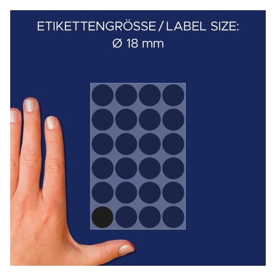 Storleksjämförelse med hand, artikel: 3003, ett ark markeringspunkter, format: ⌀ 18 mm, färg: svart?
