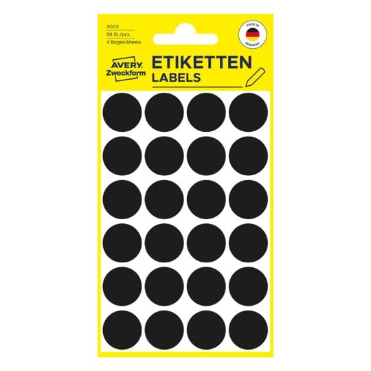 Förpackningsbild: Avery Zweckform Färgade Märkningspunkter, Artikel: 3003, Format: ⌀ 18 mm, Innehåll: 96 Märkningspunkter / 4 ark, 24 märkningspunkter/ark