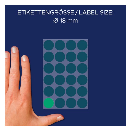 Storleksjämförelse med hand, Artikel: 3006, ett ark med märkpunkter, Format: ⌀ 18 mm, Färg: Grön?