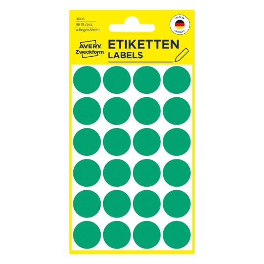 Förpackningsbild: Avery Zweckform Färgade Markörpunkter, Artikel: 3006, Format: ⌀ 18 mm, Innehåll: 96 Markörpunkter / 4 ark, 24 markörpunkter/ark.