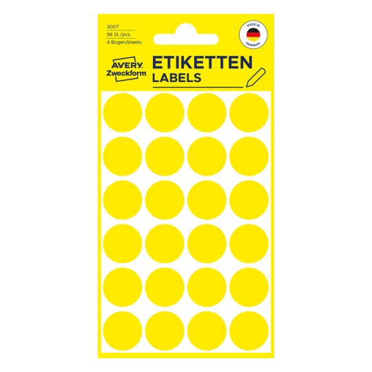 Förpackningsbild: Avery Zweckform Färgade Märkningspunkter, Artikel: 3007, Format: ⌀ 18 mm, Innehåll: 96 Märkningspunkter / 4 ark, 24 märkningspunkter/ark.