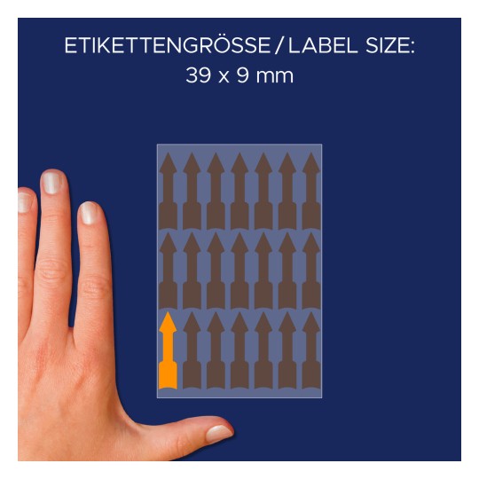 Storleksjämförelse med hand, artikel: 3008, ett ark etiketter i specialformat, format: 39 x 9 mm, färg: lysande orange?