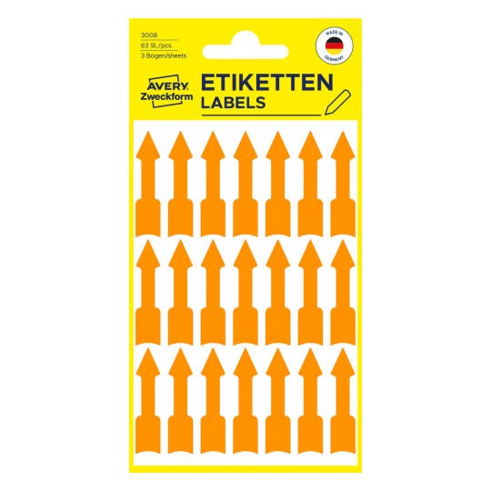 Förpackningsbild: Avery Zweckform Etiketter i specialformer & förtryckta, Artikel: 3008, Format: 39 x 9 mm, Innehåll: 63 etiketter / 3 ark, 21 etiketter/ark.