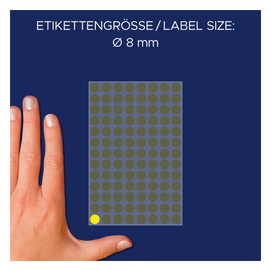 Storleksjämförelse med hand, artikel: 59994, ett ark markeringspunkter, format: ⌀ 8 mm, färg: färgglad?