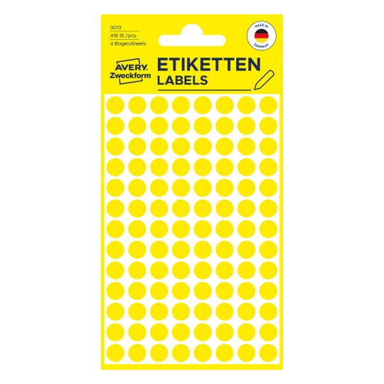 Förpackningsbild: Avery Zweckform, Artikel: 3013, Färgade märkpunkter, Format: ⌀ 8 mm, Innehåll: 416 märkpunkter / 4 ark, 104 märkpunkter/ark.