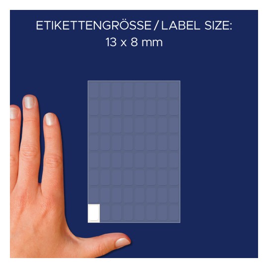 Storleksjämförelse med hand, artikel: 3041, ett ark allround-etiketter, format: 13 x 8 mm, färg: vit.