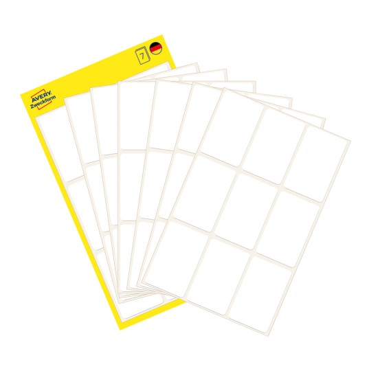 Förpackningsbild med etikettark: Avery Zweckform allroundetiketter, artikel: 3045, format: 38 x 24 mm, innehåll: 63 etiketter / 7 ark, 9 etiketter/ark?