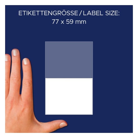 Storleksjämförelse med hand, Artikel: 3046, ett ark multifunktionsetiketter, format: 77 x 59 mm, färg: vit?