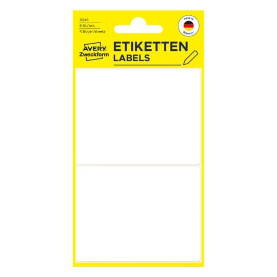 Förpackningsbild: Avery Zweckform Non A4 Universaletiketter för handskrift, Artikel: 3046, Format: 77 x 59 mm, Innehåll: 8 etiketter / 4 ark, 2 etiketter/ark.