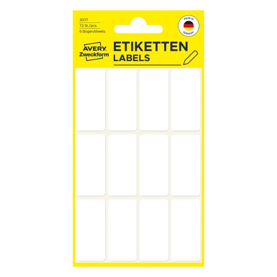 Förpackningsbild: Avery Zweckform Non A4 Universaletiketter för handskrift, Artikel: 3077, Format: 38 x 18 mm, Innehåll: 72 etiketter / 6 ark, 12 etiketter/ark.