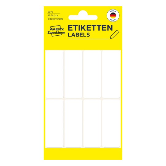 Förpackningsbild: Avery Zweckform Non A4 Universal-etiketter för handskrift, Artikel: 3079, Format: 50 x 19 mm, Innehåll: 48 etiketter / 6 ark, 8 etiketter/ark