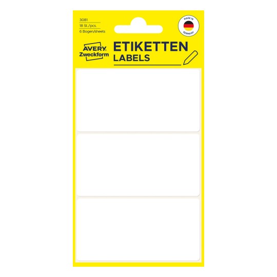 Förpackningsbild: Avery Zweckform Non A4 Universaletiketter för handskrift, Artikel: 3081, Format: 76 x 39 mm, Innehåll: 18 etiketter / 6 ark, 3 etiketter/ark.