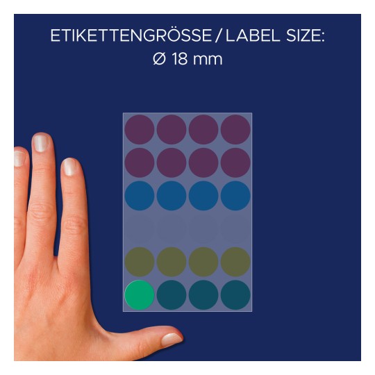 Storleksjämförelse med hand, artikel: 3089, ett ark med markeringspunkter, format: ⌀ 18 mm, färg: flerfärgad.