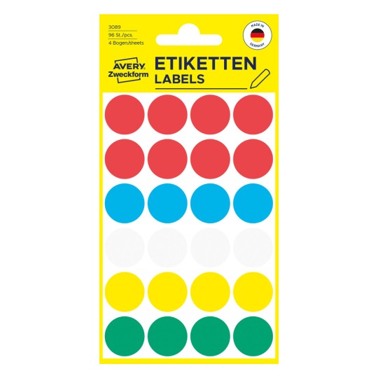 Förpackningsbild: Avery Zweckform Färgade Markeringspunkter, Artikel: 3089, Format: ⌀ 18 mm, Innehåll: 96 markeringspunkter / 4 ark, 24 markeringspunkter/ark
