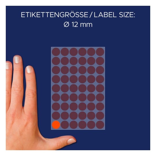 Storleksjämförelse med hand, artikel: 3147, ett ark märkningspunkter, format: ⌀ 12 mm, färg: neonröd.