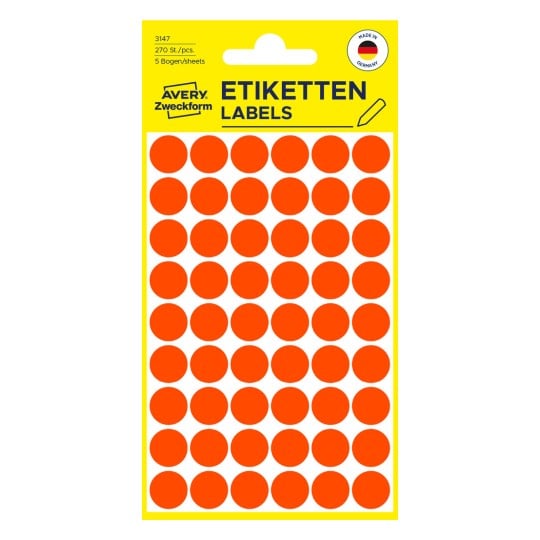 Förpackningsbild: Avery Zweckform Färgade Märkpunkter, Artikel: 3147, Format: ⌀ 12 mm, Innehåll: 270 märkpunkter / 5 ark, 54 märkpunkter/ark.