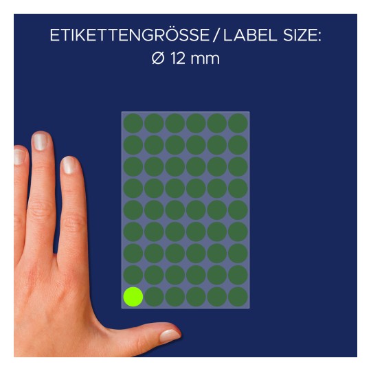 Storleksjämförelse med hand, Artikel: 3149, ett ark markeringspunkter, Format: ⌀ 12 mm, Färg: Lysande grön.