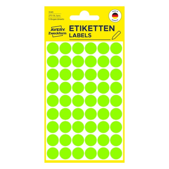 Förpackningsbild: Avery Zweckform färgade markeringspunkter, Artikel: 3149, Format: ⌀ 12 mm, Innehåll: 270 markeringspunkter / 5 ark, 54 markeringspunkter/ark.