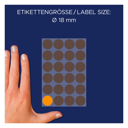 Storleksjämförelse med hand, artikel: 3173, ett ark med markeringspunkter, format: ⌀ 18 mm, färg: neonorange?