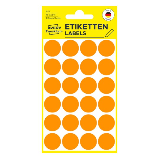 Förpackningsbild: Avery Zweckform Färgade Märkpunkter, Artikel: 3173, Format: ⌀ 18 mm, Innehåll: 96 märkpunkter / 4 ark, 24 märkpunkter/ark