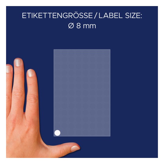 Storleksjämförelse med hand, artikel: 3175, ett ark markeringspunkter, format: ⌀ 8 mm, färg: vit.
