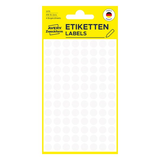Förpackningsbild: Avery Zweckform Färgade Märkpunkter, Artikel: 3175, Format: ⌀ 8 mm, Innehåll: 416 Märkpunkter / 4 ark, 104 Märkpunkter/ark.
