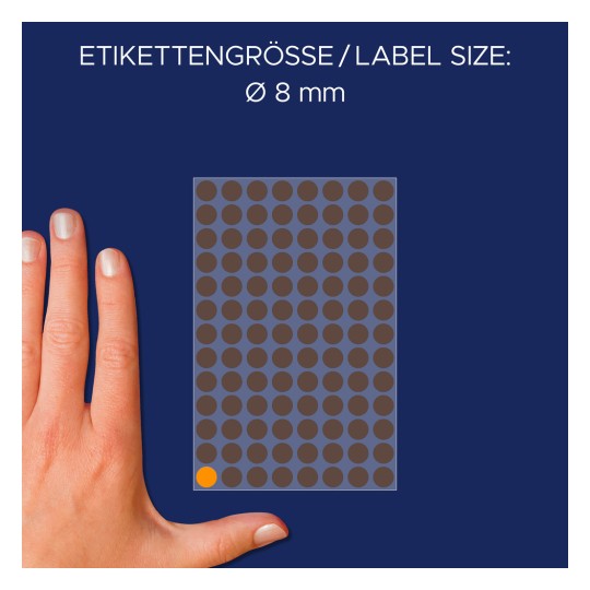 Storleksjämförelse med hand, artikel: 3178, ett ark markeringspunkter, format: ⌀ 8 mm, färg: neonorange?