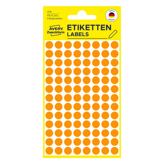 Förpackningsbild: Avery Zweckform Färgade Märkningspunkter, Artikel: 3178, Format: ⌀ 8 mm, Innehåll: 416 Märkningspunkter / 4 ark, 104 märkningspunkter/ark.
