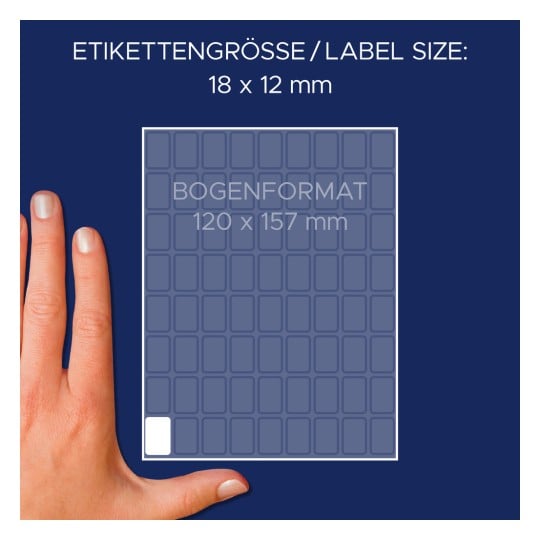 Storleksjämförelse med hand, artikel: 3312, ett ark multifunktionsetiketter, format: 18 x 12 mm, färg: vit.