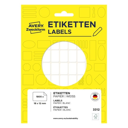Förpackningsbild: Avery Zweckform Non A4 universaletiketter för handskrivning, artikel: 3312, format: 18 x 12 mm, innehåll: 1.800 etiketter / 25 ark, 72 etiketter/ark