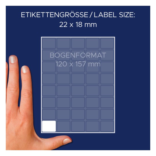 Storleksjämförelse med hand, Artikel: 3318, ett ark flerfunktionsetiketter, format: 22 x 18 mm, färg: vit?