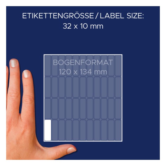 Storleksjämförelse med hand, artikel: 3320, ett ark multifunktionsetiketter, format: 32 x 10 mm, färg: vit.